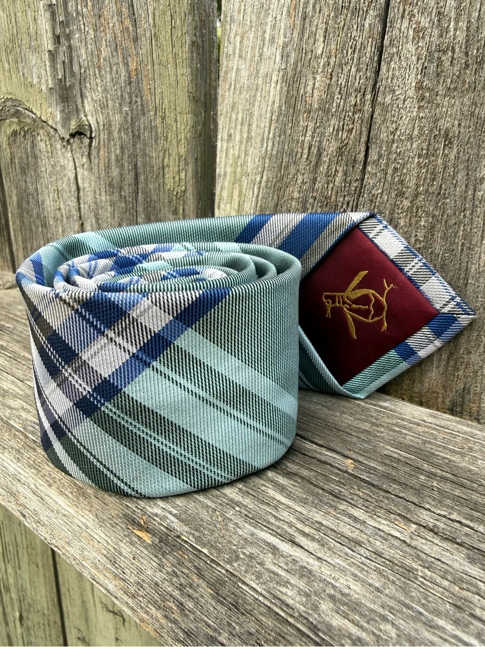 Original Penguin Silk Necktie Plaid Mint Green Blue White 60” x 2” Skinny Preppy